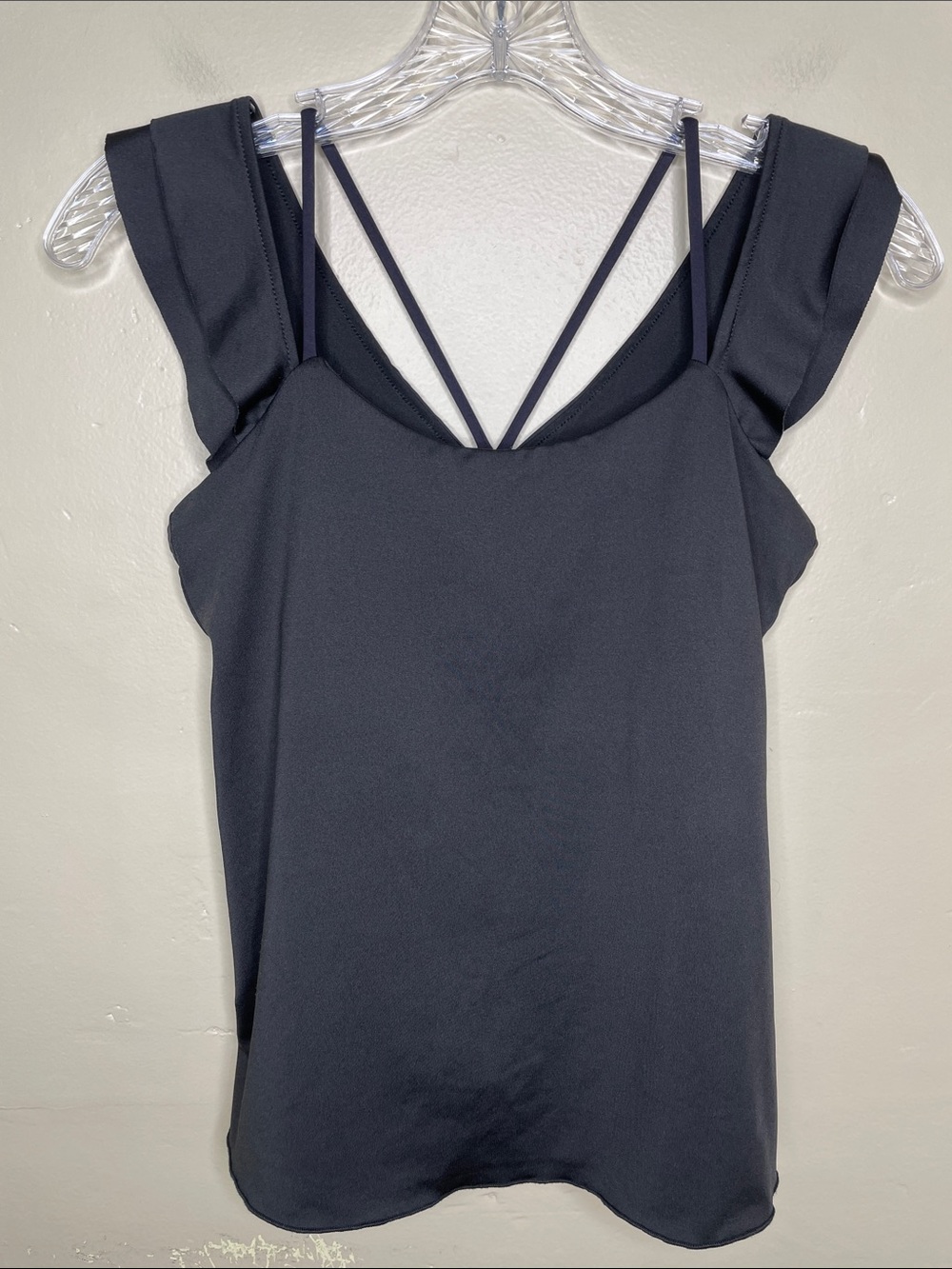 DENISE CRONWALL Black Ruffle Criss-Cross Back Tank Top Active Wear XS